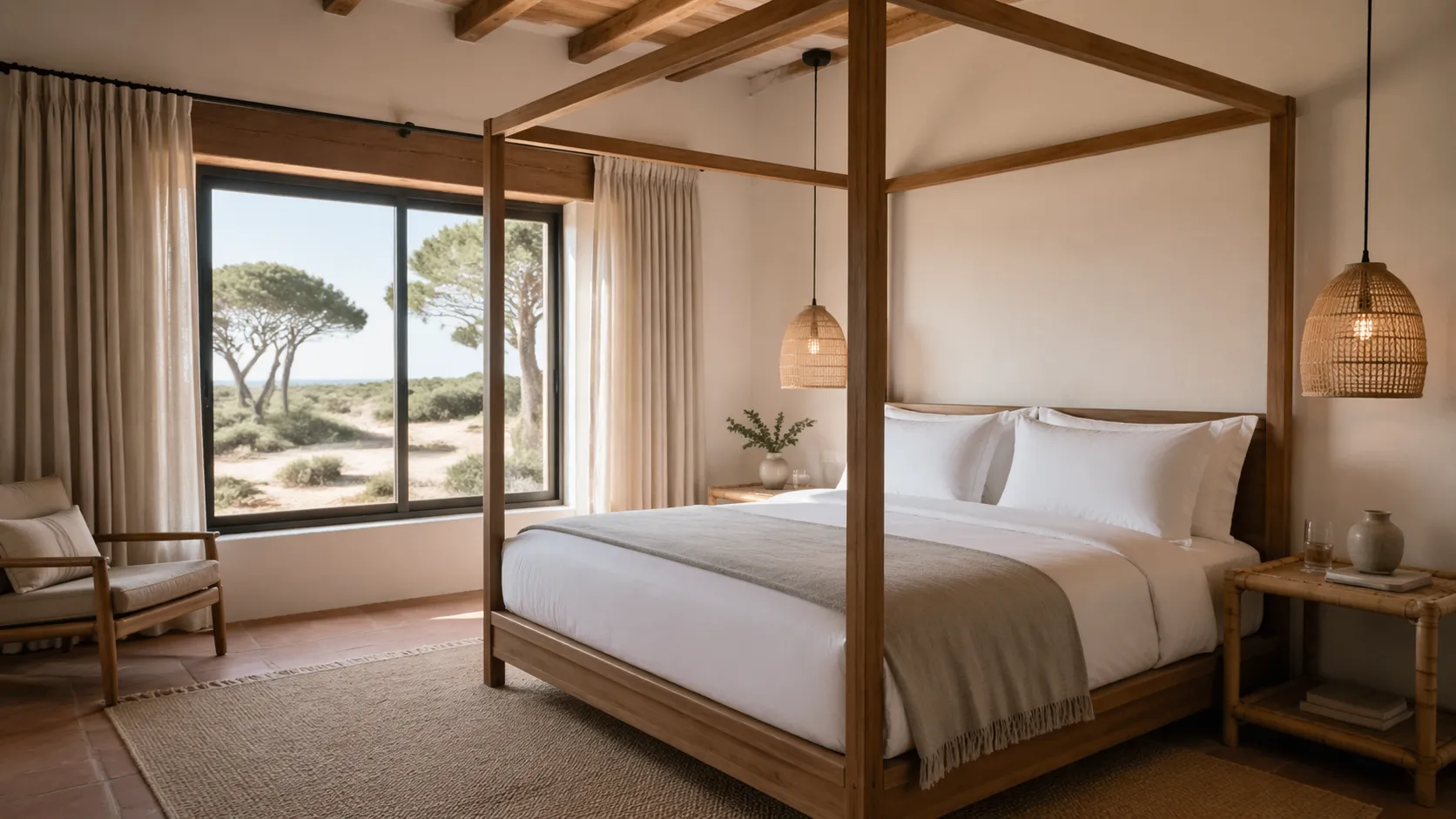 Boutique hotel room with canopy bed and pine forest view, bespoke Balinese furniture delivered by container from Bali