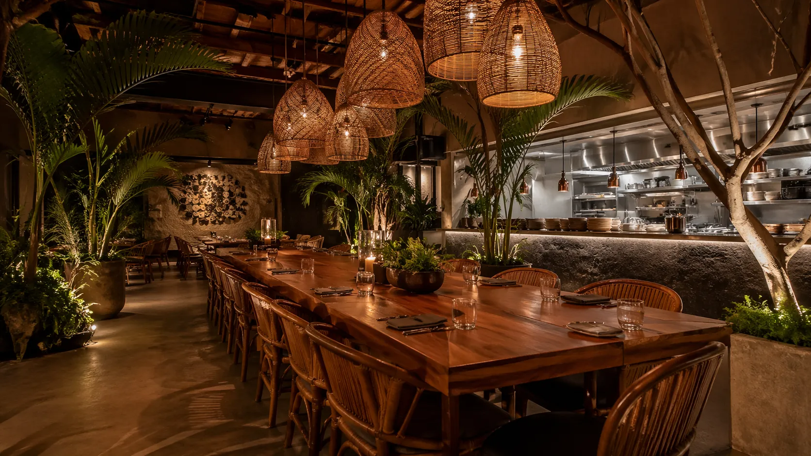 Beach club restaurant, commercial-grade rattan dining chairs and teak tables from Bali